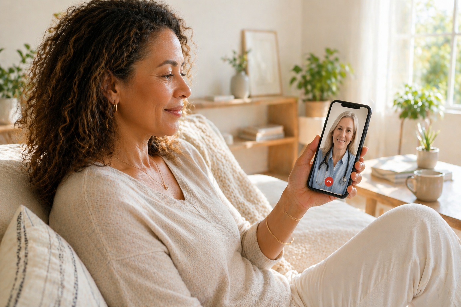 Woman consulting a GP online about hot flushes treatment